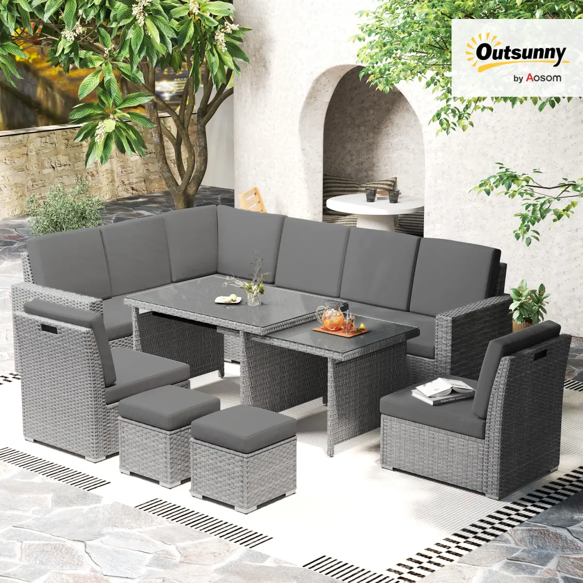 Outsunny Outsunny 10-Seater Sofa Sectional w/ Cushioned Seat, Footstools and Glass Table - Garden Sofa Sets