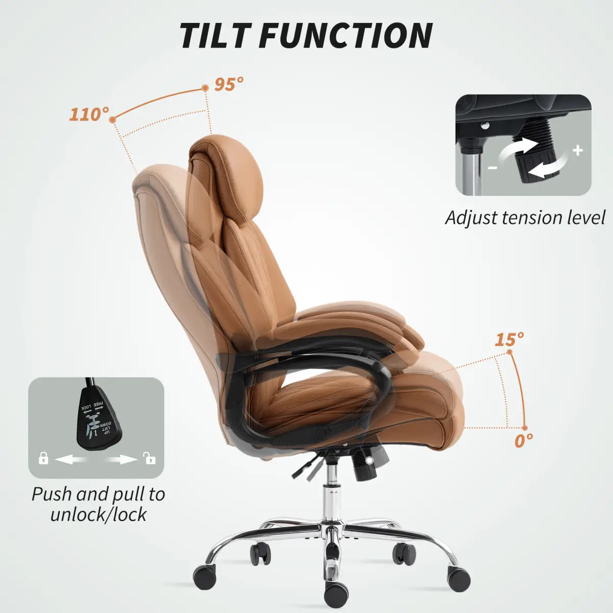 N/A Ergonomic Office Chair Premium, Height 115-123 cm, Tilt Function, 13 cm Seat, 16 cm Back Cushion, Large PU Wheel Base - Office Chair