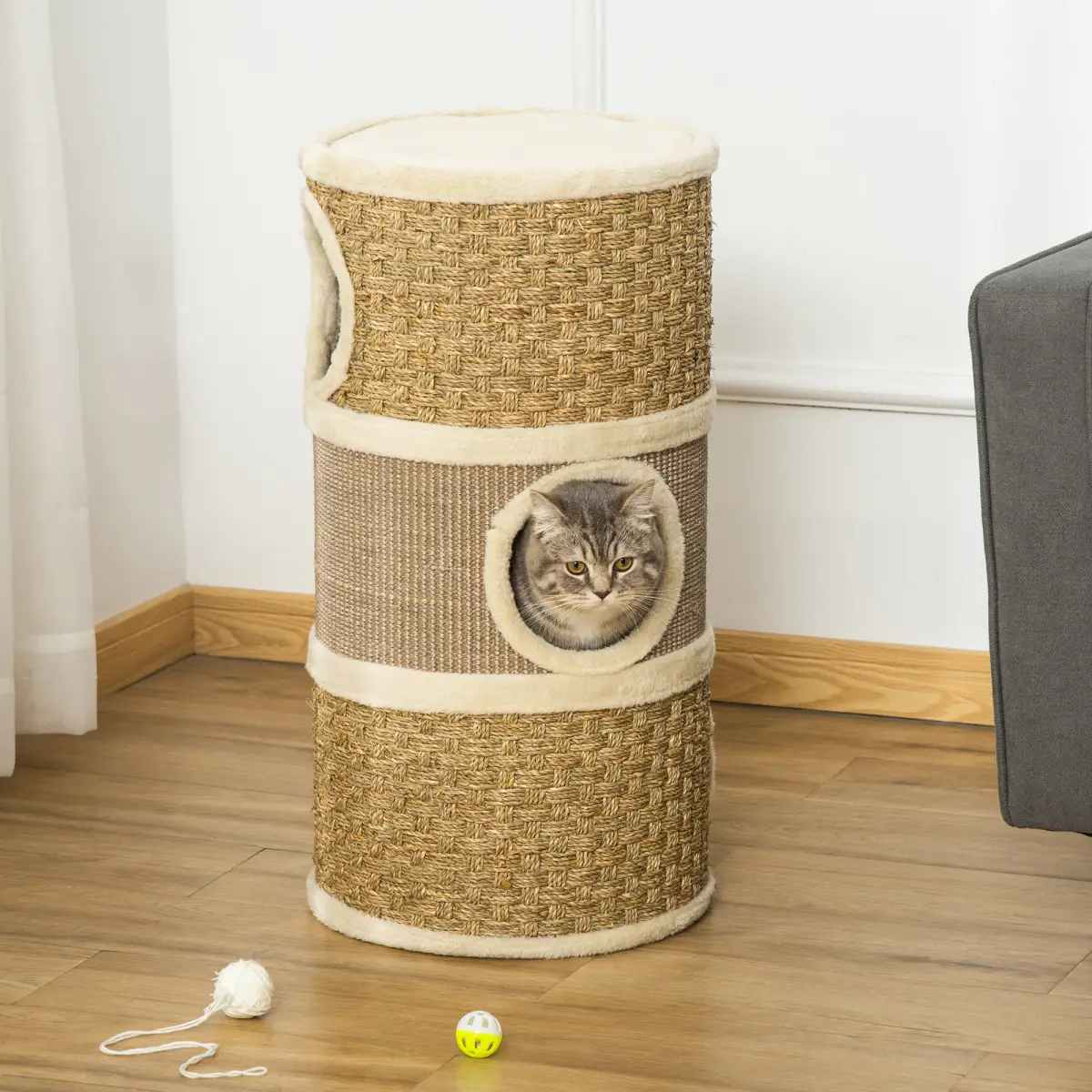 Unbranded Cat Scratching Barrel Kitten Tree Tower with Sisal and Seaweed Rope Pawhut - Cat Tree