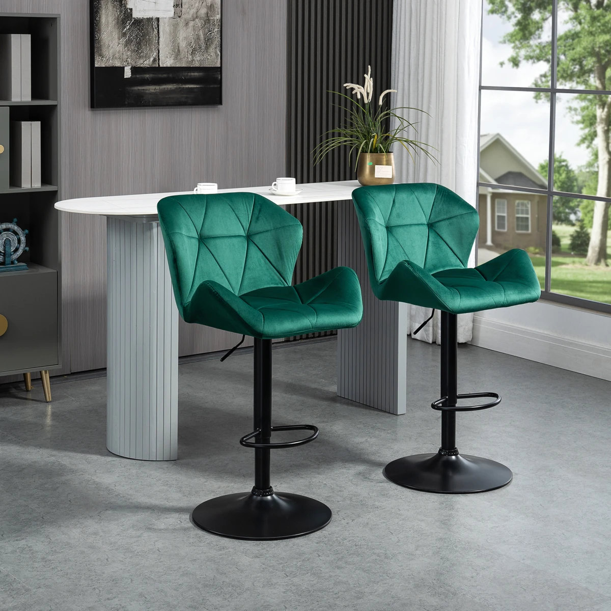 Set Of 2 Luxurious Velvet-Touch Bar Stools w/ Metal Frame Footrest Base Green by HOMCOM