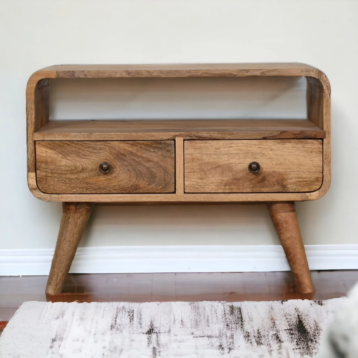 Artisan Furniture Artisan Furniture Mango Wood Mini Media Console With Open Shelf And Two Drawers For Small Spaces - Bedside Table