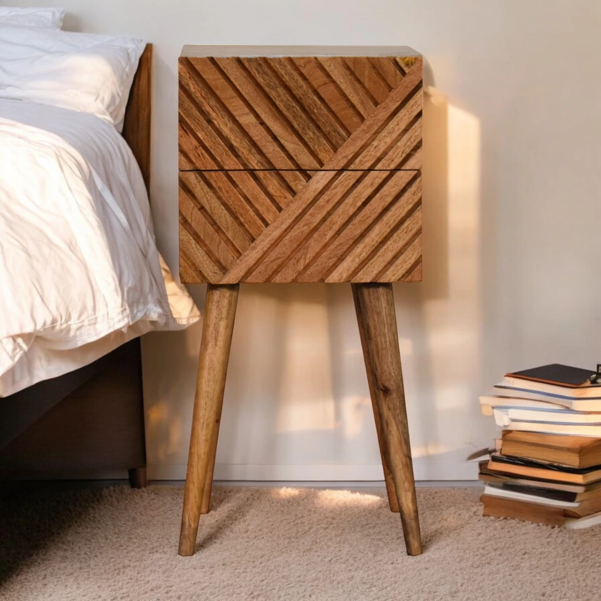 Artisan Furniture Artisan Furniture Bedside Table Mini Compact Solid Mango Wood Two Line Carved Drawers for Small Spaces - Bedside Table