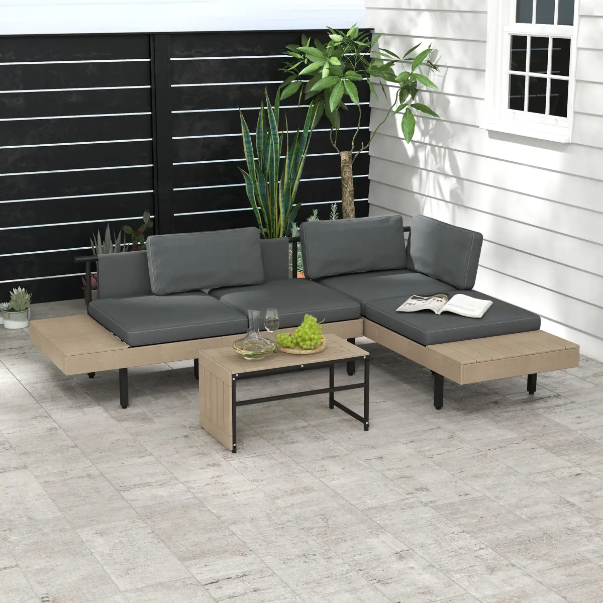 Outsunny Outsunny HDPE Garden Furniture Sets with Cushions, Table, L-Shaped Sofa, Grey - Garden Set
