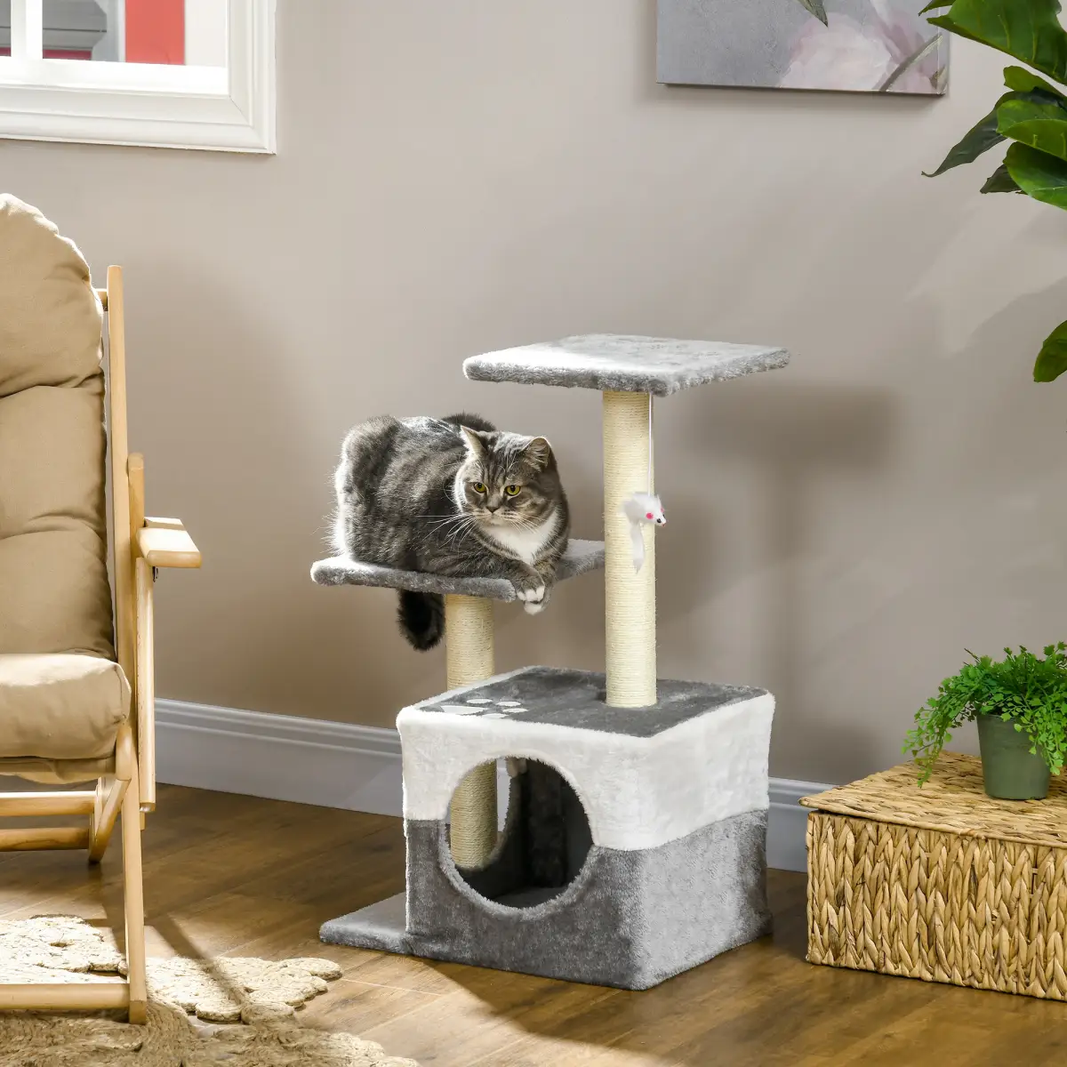 PawHut PawHut Cat Tree w/ Sisal Scratching Posts, House, Perches, Toy Mouse - Grey - Cat Tree