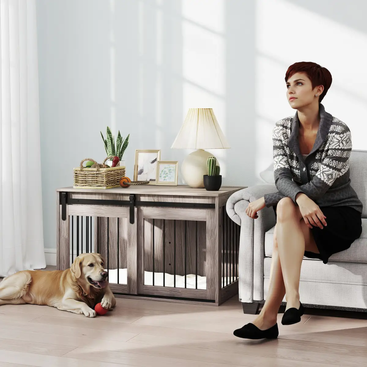 PawHut PawHut Dog Crate Furniture with Removable Cushion for Large Dogs - Brown - Dog Crate