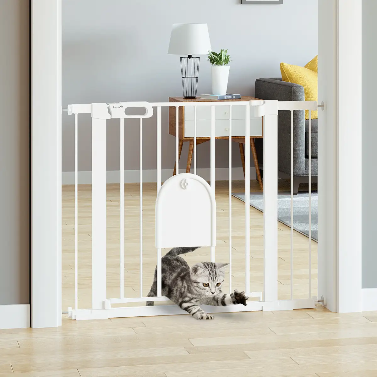 PawHut 75-103 cm Pet Safety Gate Pressure Fit Stair w/ Small Door Double Locking - Pet Gate