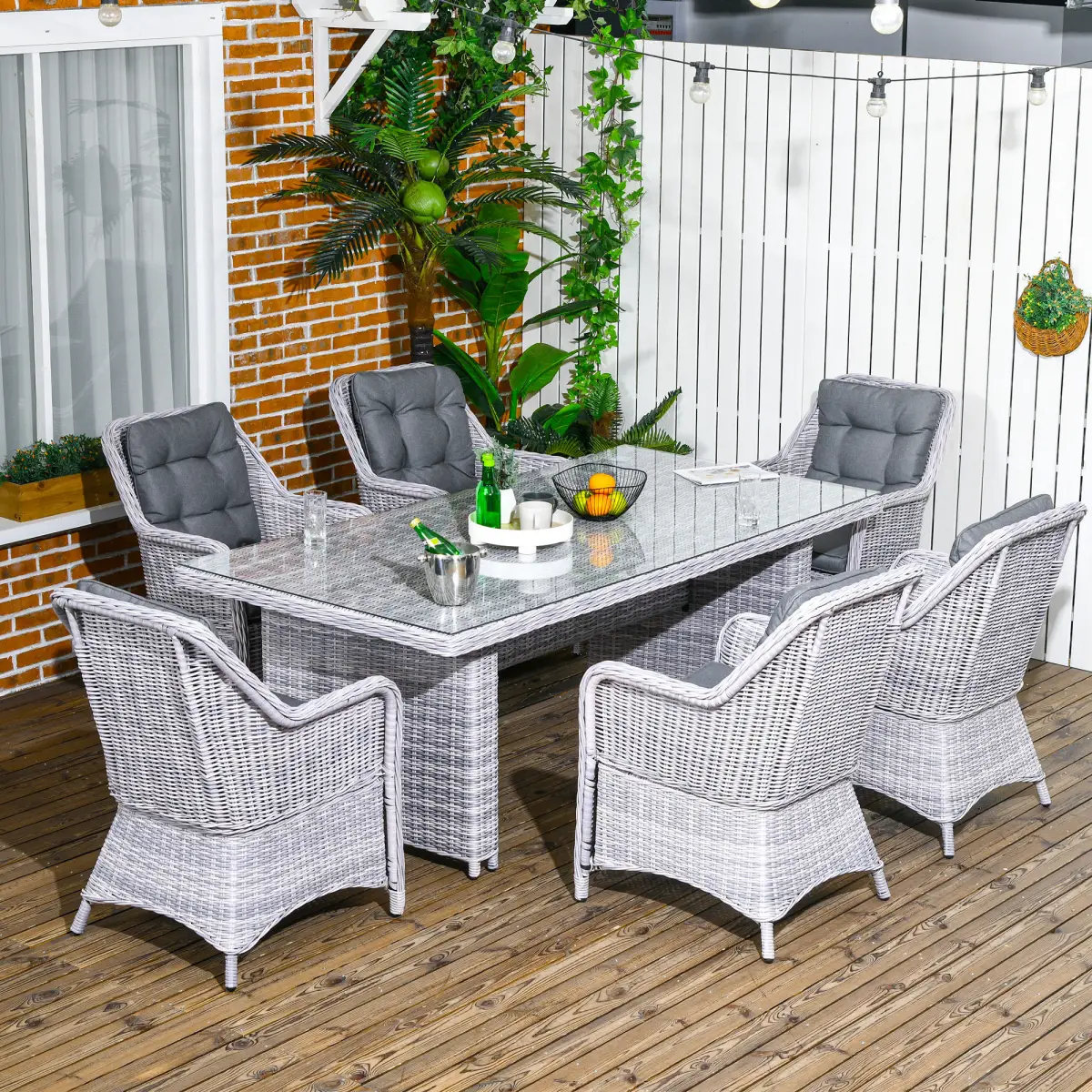 Outsunny 7 PCS Patio PE Rattan Wicker Dining Table Set Furniture w/ Tempered Glass - Garden Set