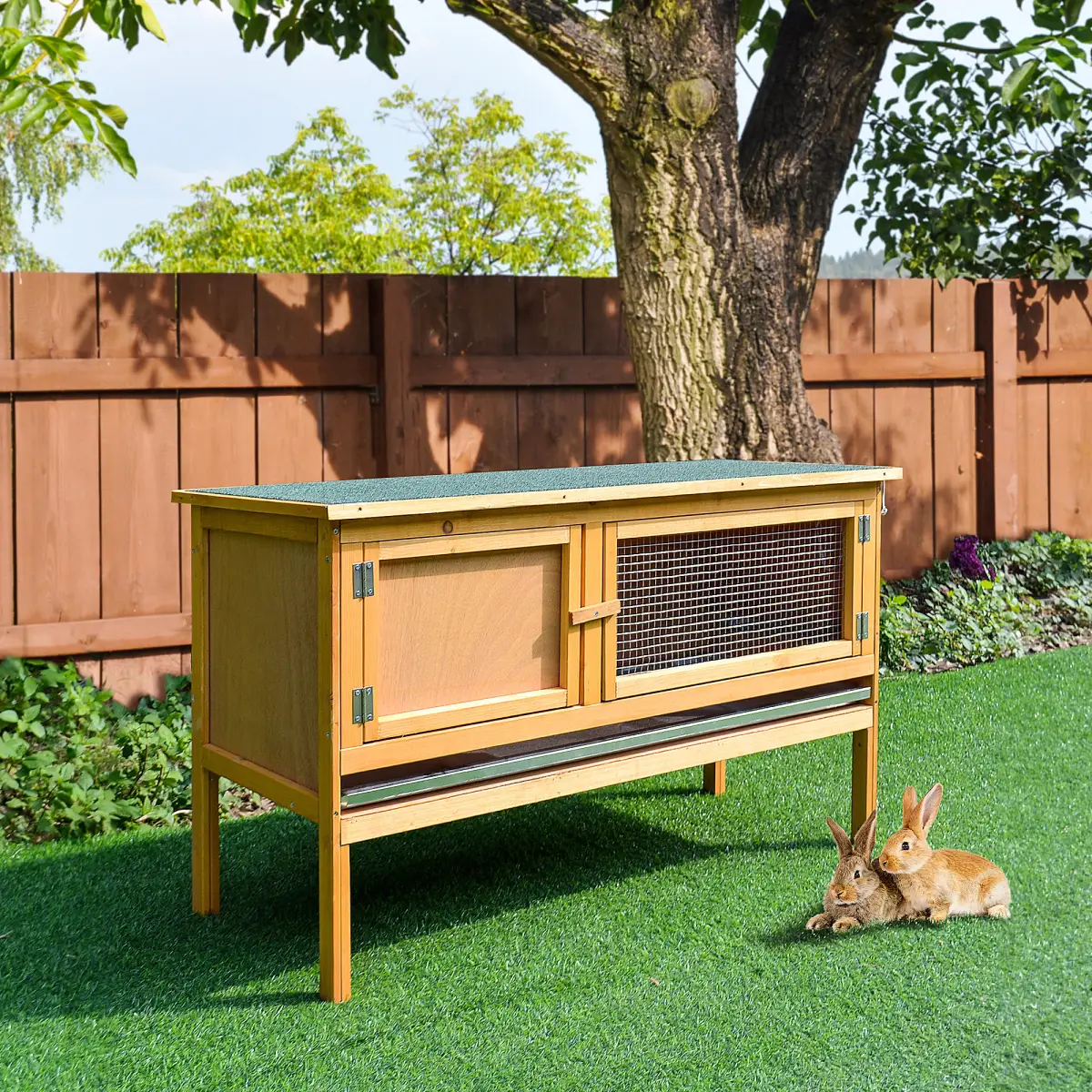 PawHut Wooden Rabbit Hutch Bunny Cage Outdoor Small Animal House w/ Hinged Top - Rabbit Hutch