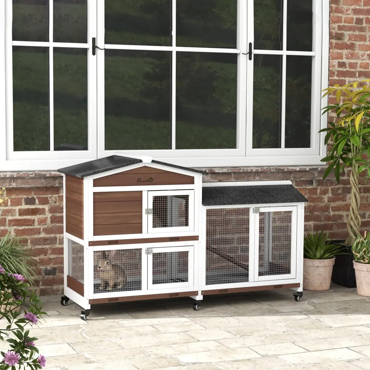 PawHut PawHut Wooden Rabbit Hutch Guinea Pig Cage w/ Wheels, Run, Ramp, Brown - Rabbit Hutch