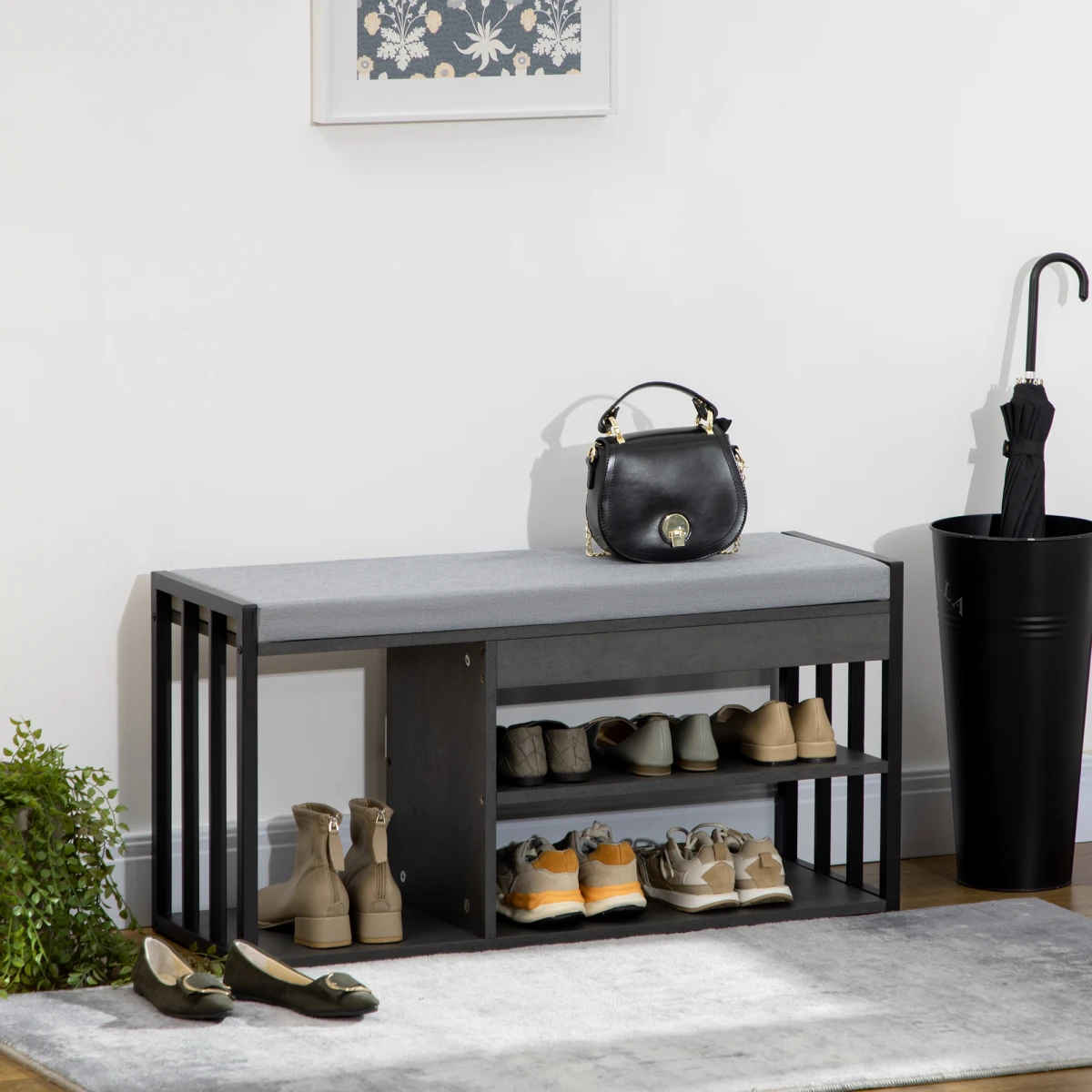 HOMCOM Upholstered Entryway Shoe Bench With Storage Open Shelves Grey Ideal For Small Hallways by HOMCOM