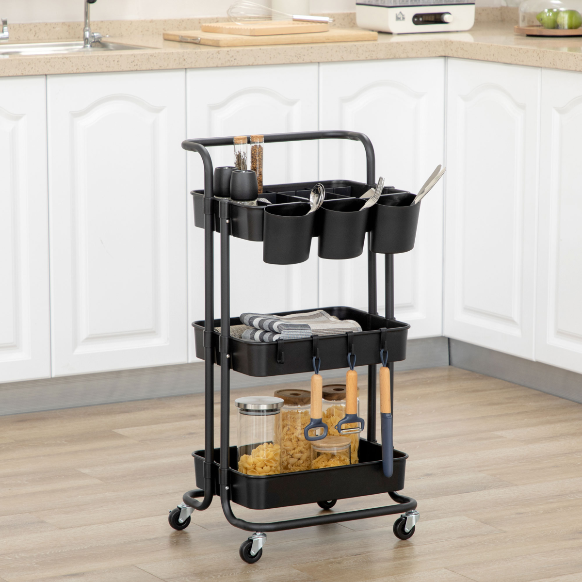 3-Tier Utility Cart, Serving Trolley with Mesh Baskets Removable Boxes, Black - from Unbranded
