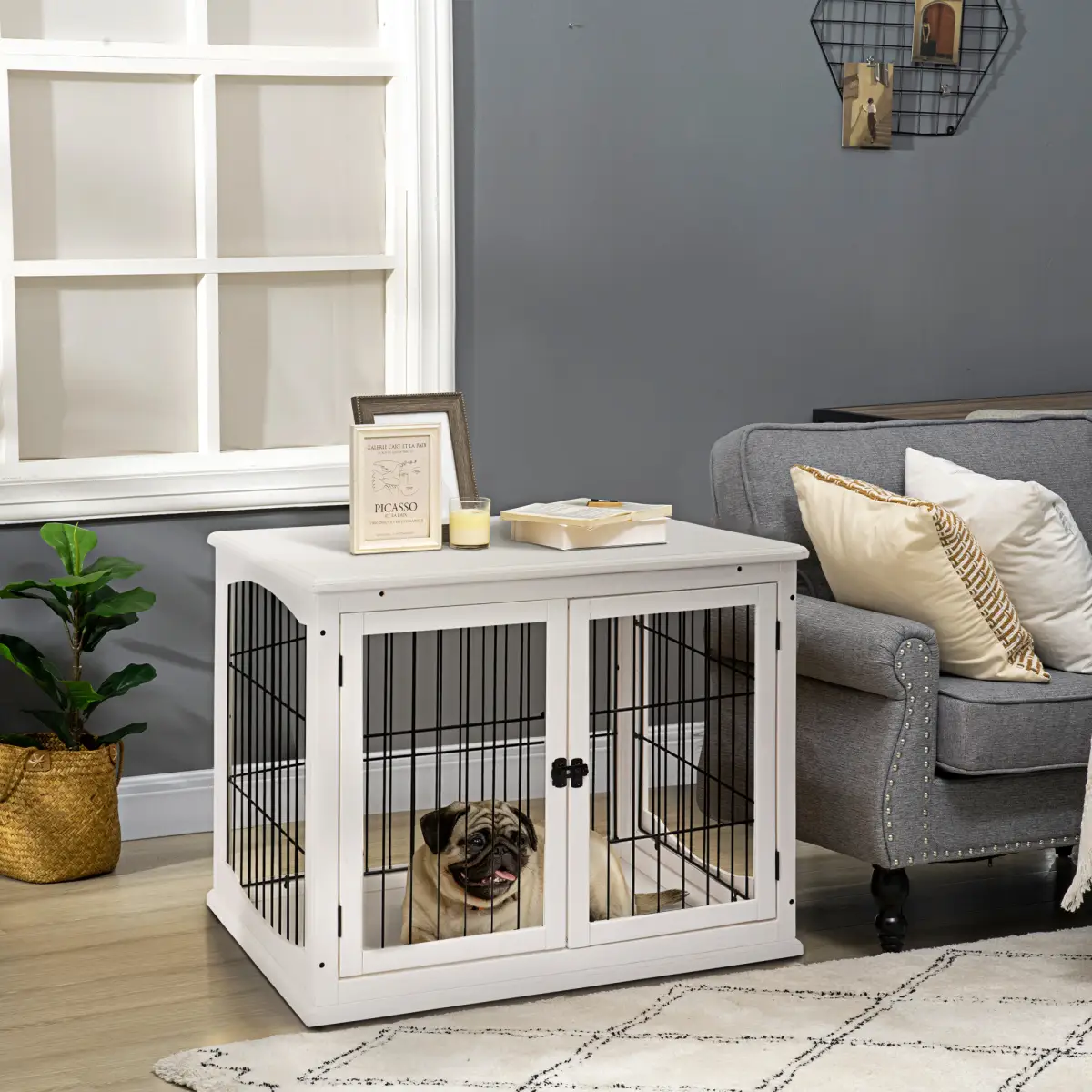 Pawhut Wooden Dog Crate End Table Pet Puppy Cage w/Metal Wire for Small Dog White - Dog Crate
