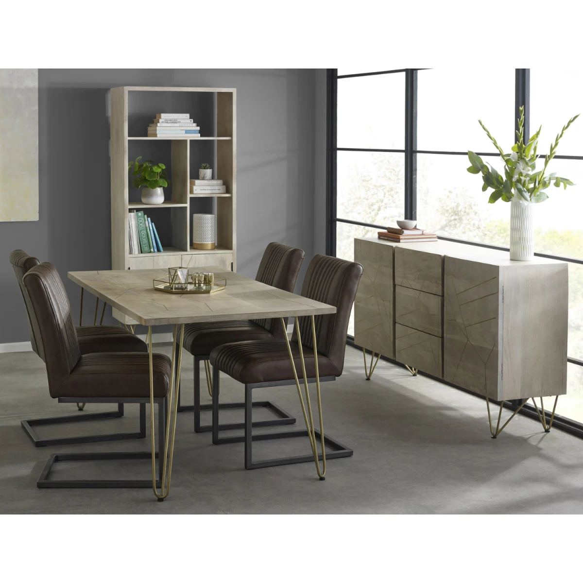 Indian Hub Premium Dining Table Light Gold Metal Inlay Angled Legs - Dining Table