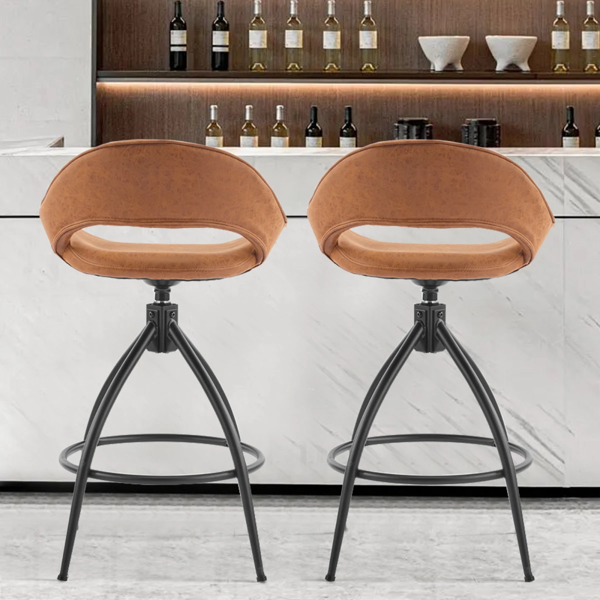 N/A 2pcs hollow backrest PU spray-coated bent iron feet bar stool brown with swivel -