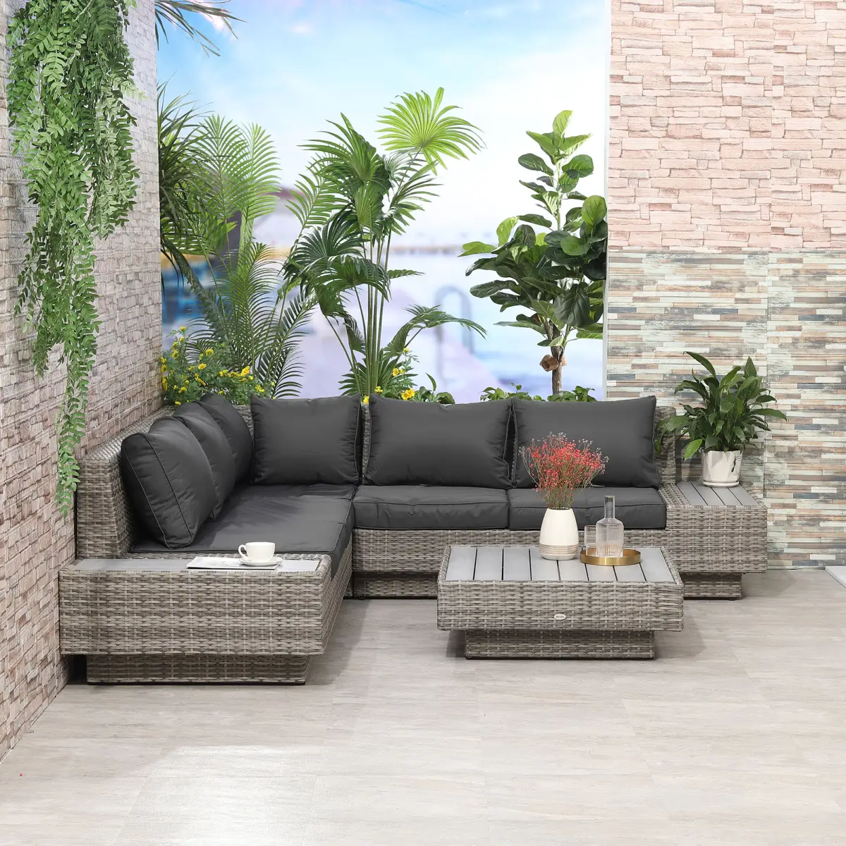 Outsunny 5-Seater Rattan Sectional Corner Sofa Table Set Cushions - Light Grey - Garden Sofa Sets