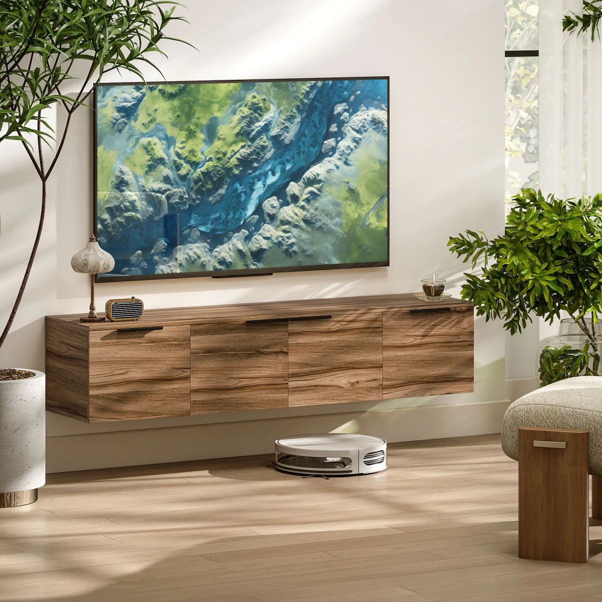 HOMCOM Floating TV Stand 65in TV Shelves Rustic Brown Den by HOMCOM