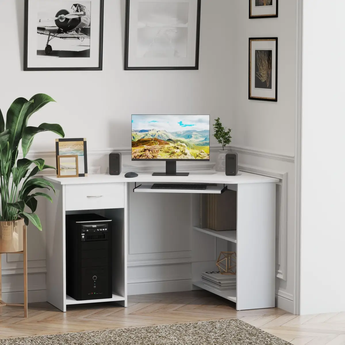 Unbranded L-Shaped Corner Computer Desk w/ 2 Shelves Worktop Keyboard Tray White - Desk