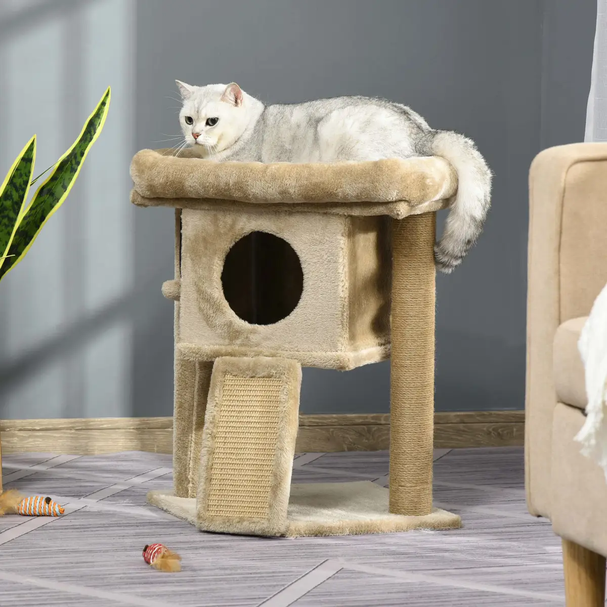 Pawhut Cat Tree Tower W/ Jute Scratching Pad, Toy Ball, Cat House 66x38x88 cm - Coffee - Cat Tree