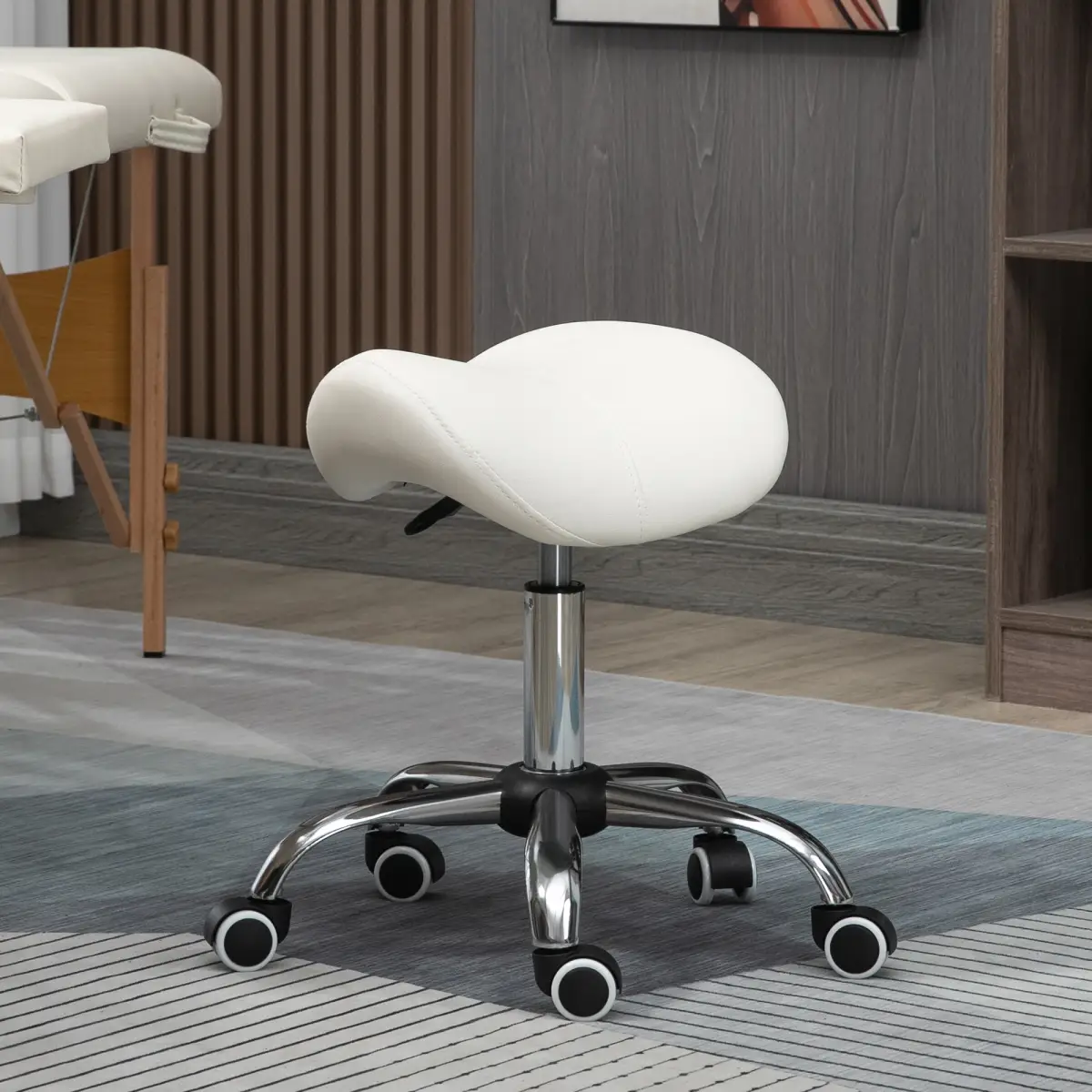 HOMCOM Saddle Stool Hydraulic Rolling Faux Leather Height Adjust Mobility Chair Cream - Bar Stool