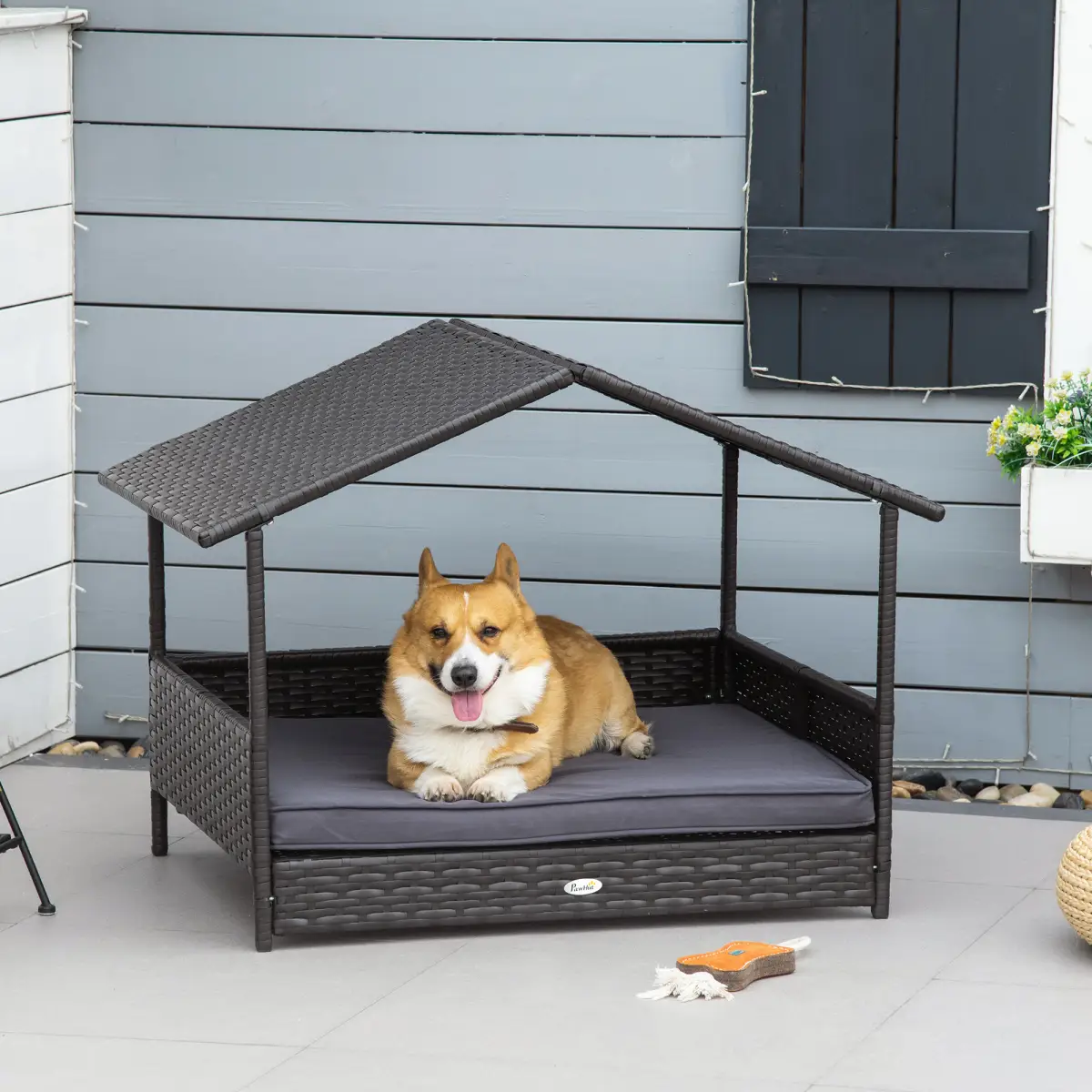 PawHut PawHut Wicker Dog House, Rattan Pet Bed with Soft Cushion, Cat Basket - Grey - Dog Beds