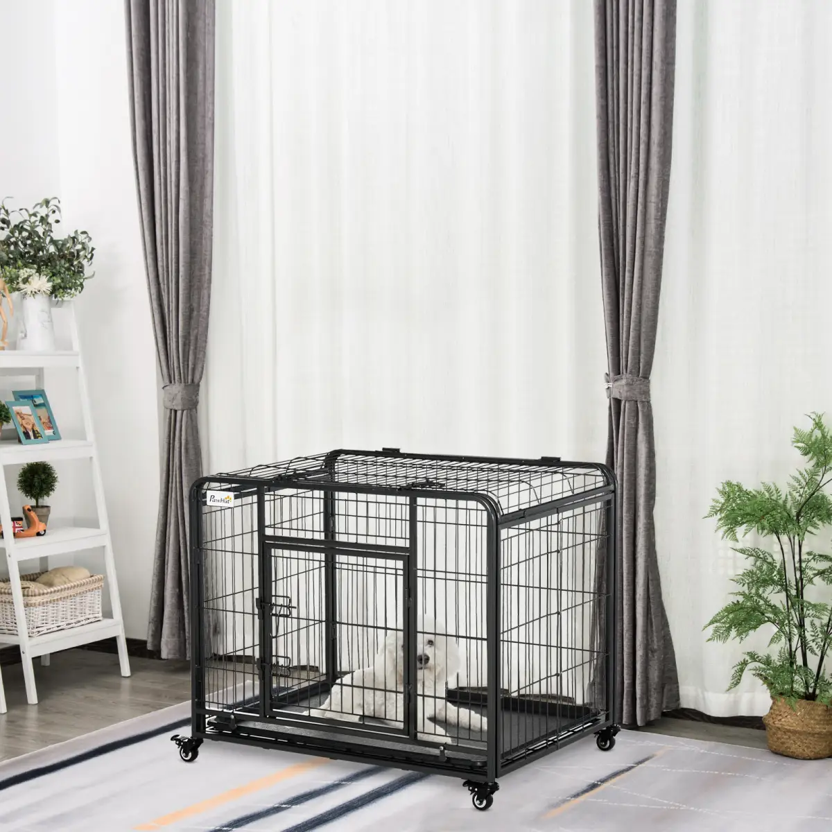 PawHut PawHut 69.5x94cm Metal Dog Cage Kennel w/ Locking Door & Wheels Medium Pets - Dog Kennel