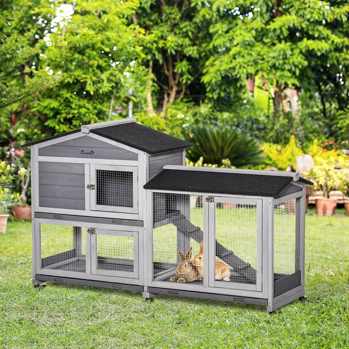 PawHut Wooden Rabbit Hutch, Guinea Pig Cage w/ Wheels, Slide-Out Tray, Ramp Light Grey - Rabbit Hutch