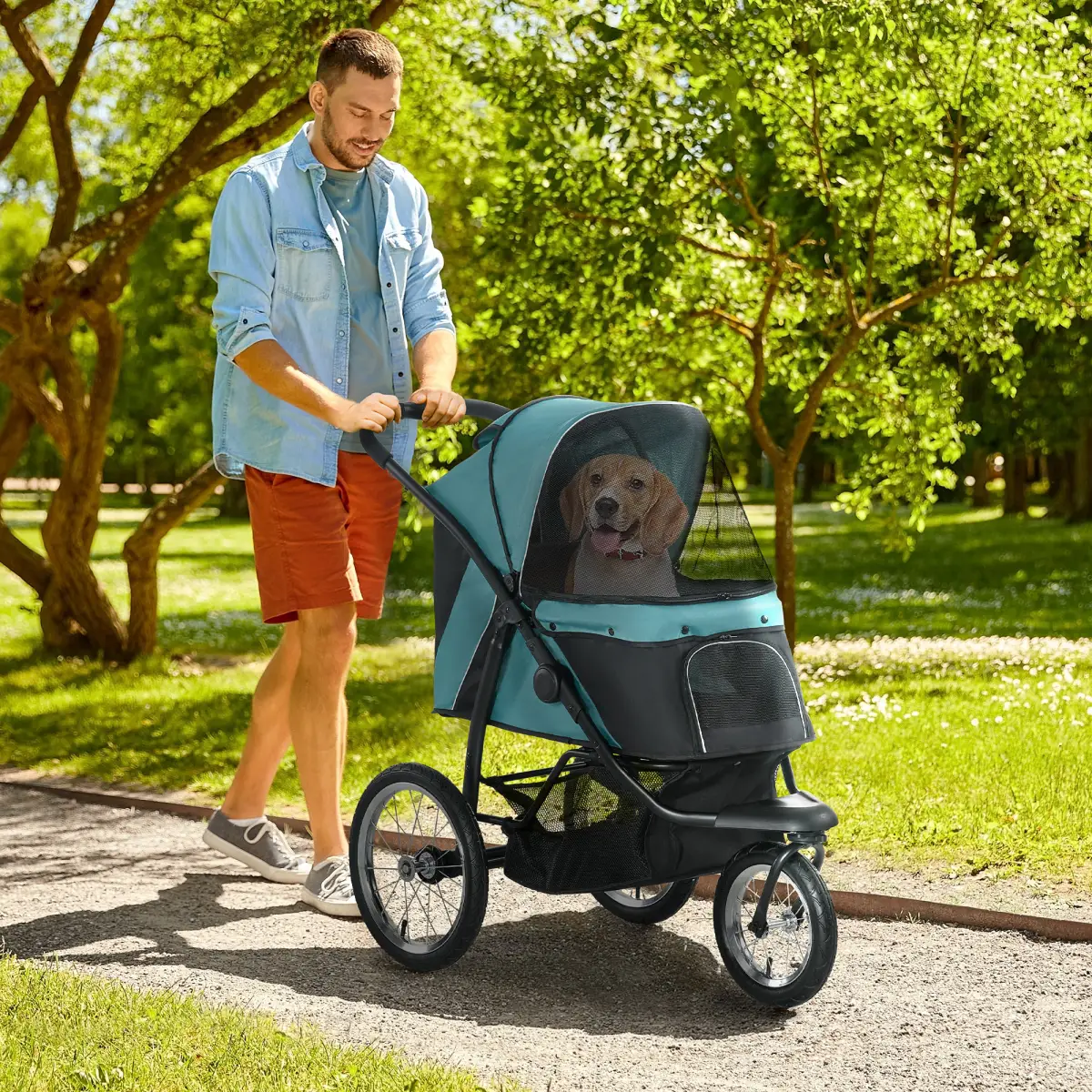 AIYAPLAY PawHut 3 Wheel Pet Stroller, for Medium Small Dogs, Foldable Cat Pram - Green - Pet Carrier