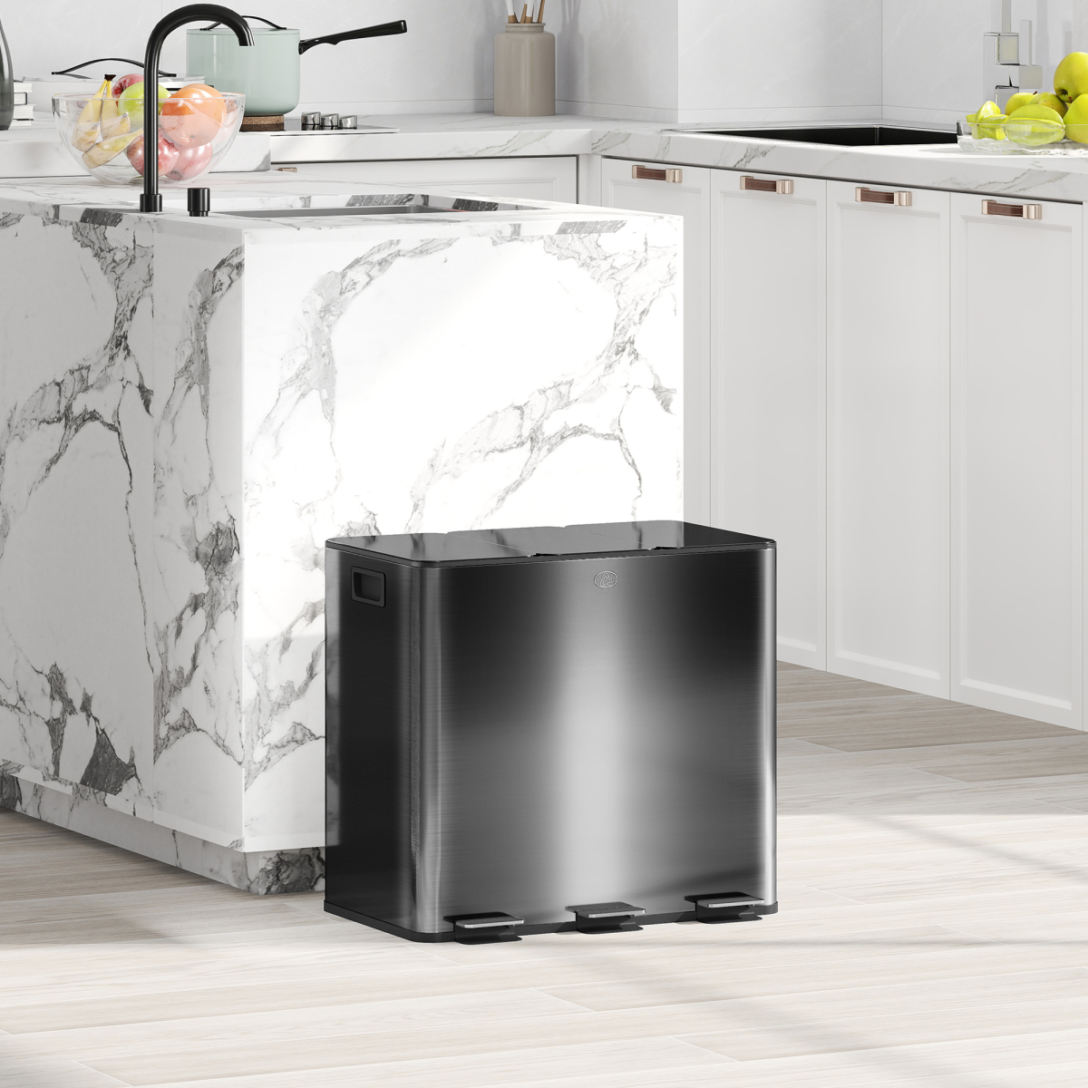 HOMCOM 3 x 15L Triple Kitchen Bin Pedal Bin for Recycling and Waste, Black - from HOMCOM