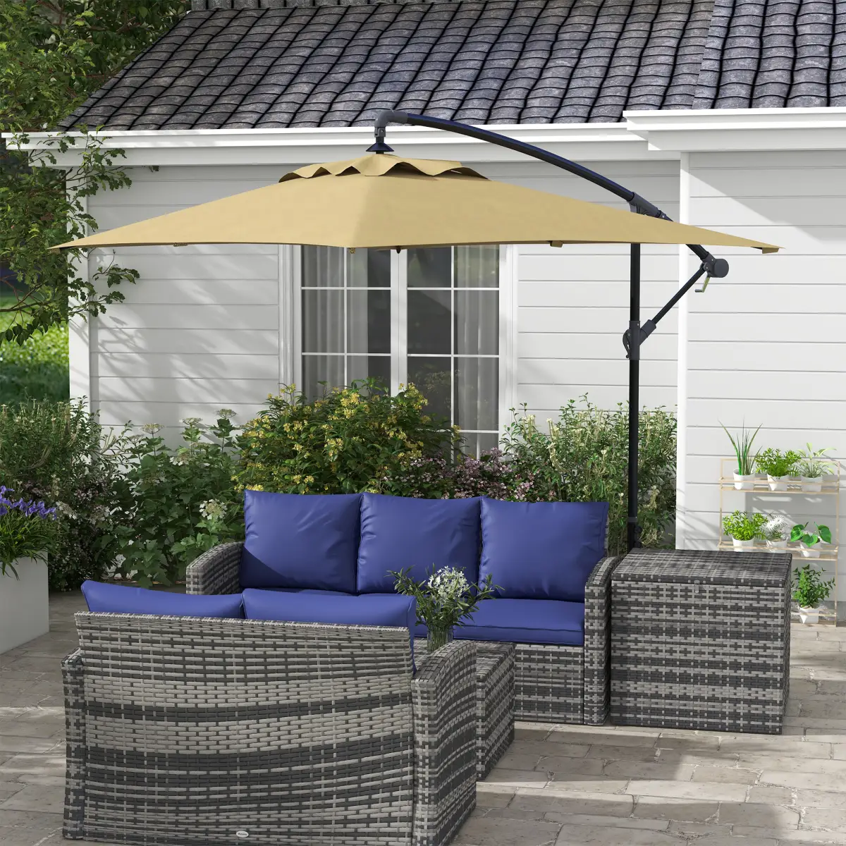 Outsunny Outsunny 3 m Cantilever Parasol with Cross Base, Crank Handle, 6 Ribs, Brown - Parasol