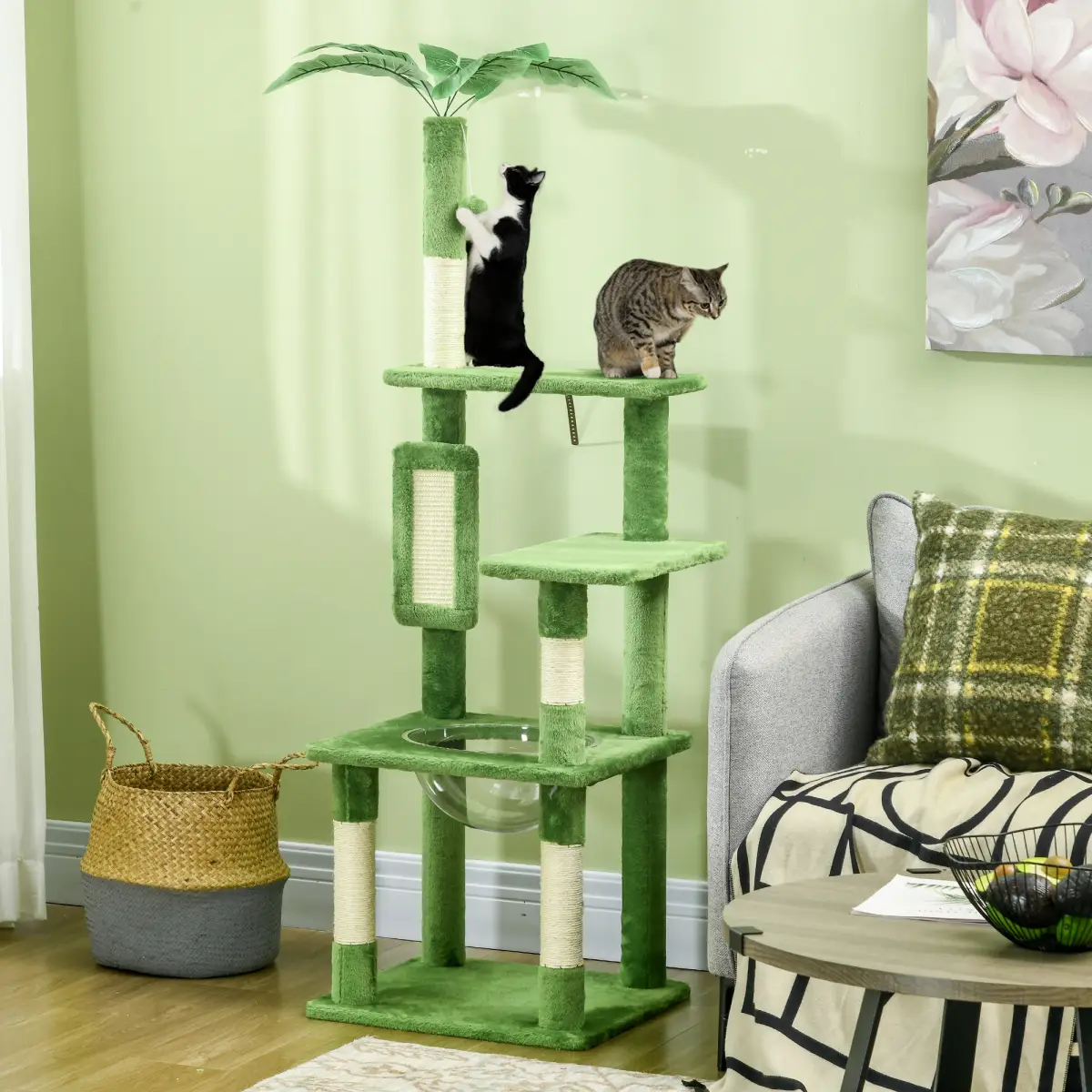 PawHut PawHut 142cm Cat Tree Tower with Scratching Post Hammock Ball Platforms Green - Cat Tree