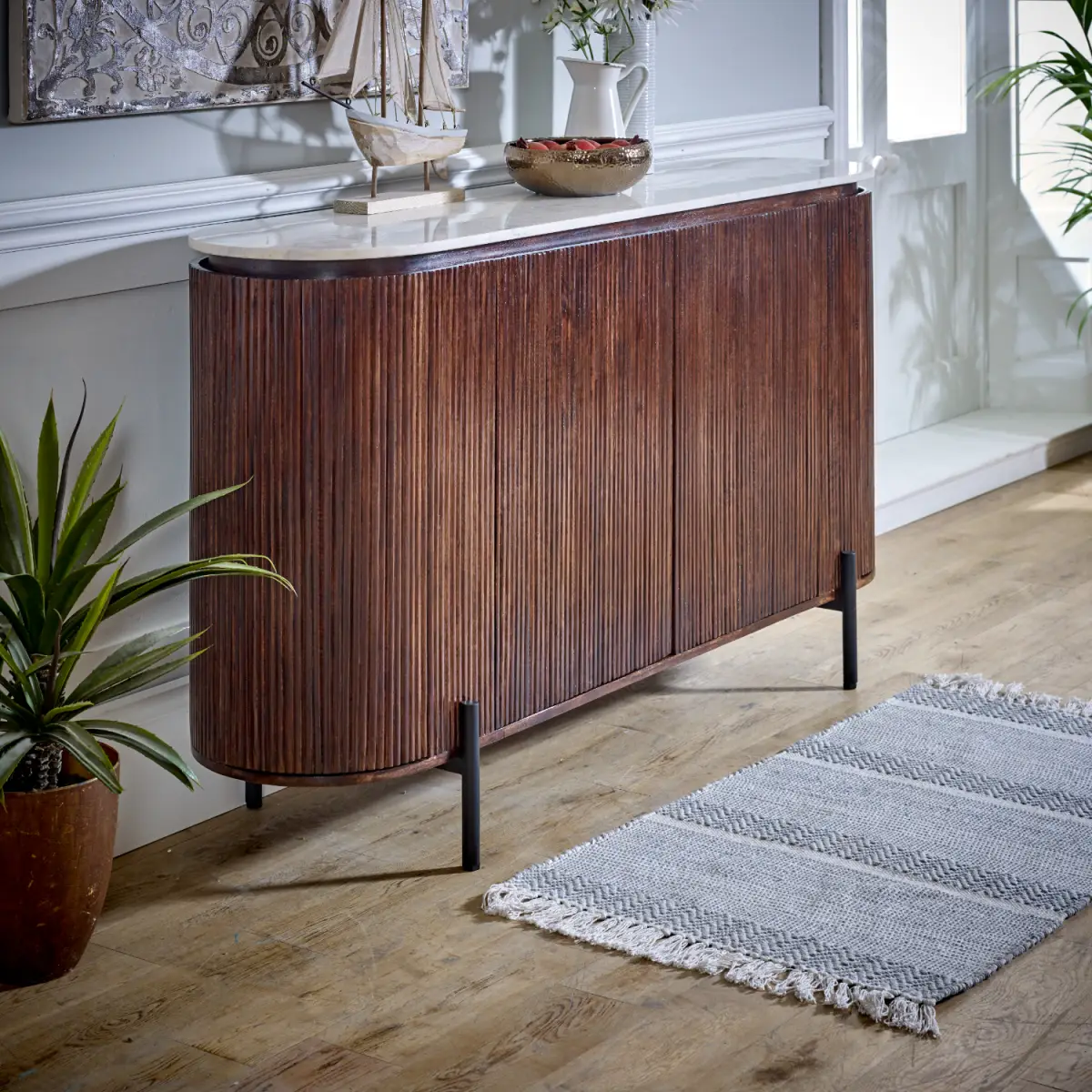 Indian Hub Opal Mango Wood Sideboard With Marble Top & Metal Legs - Sideboard