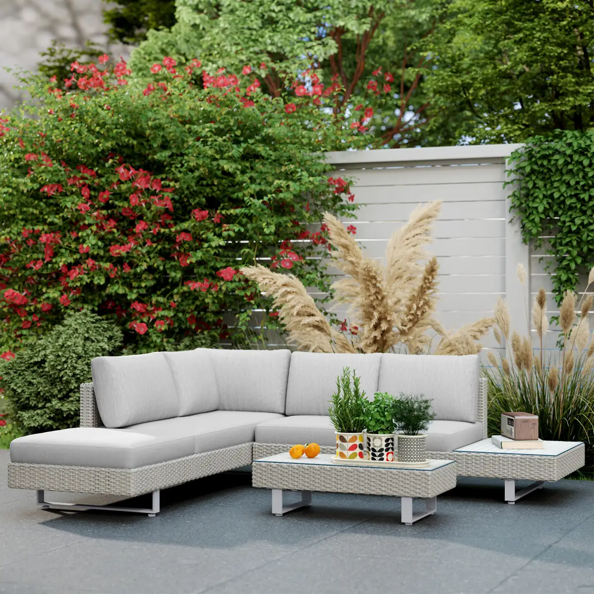 Outsunny 3pc Rattan Sofa Set Lounge Furniture Tea Table, Side Table & Cushioned Grey - Garden Sofa Sets