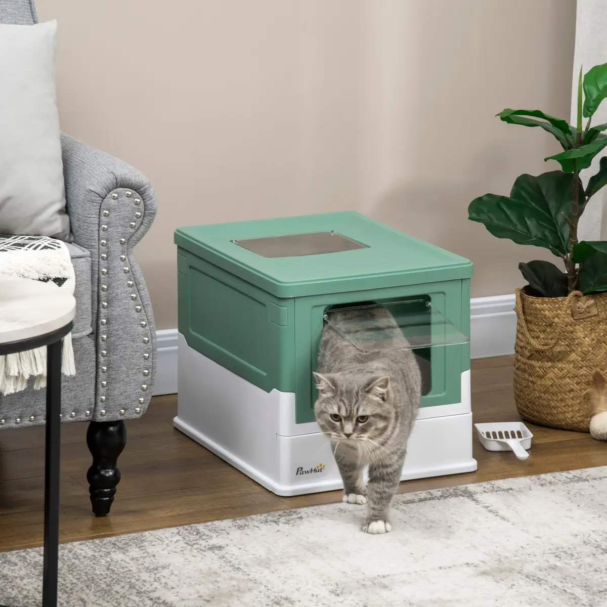 PawHut Hooded Cat Litter Box, Portable Pet Toilet w/ Scoop, Tray - Green - Cat Litter