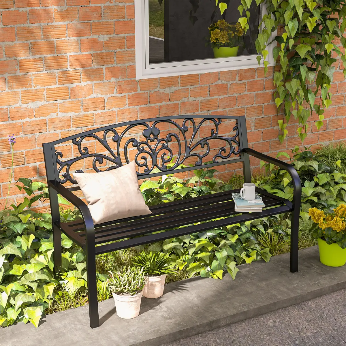 Outsunny 2-Seater Garden Bench, Steel-Black - Garden Chairs