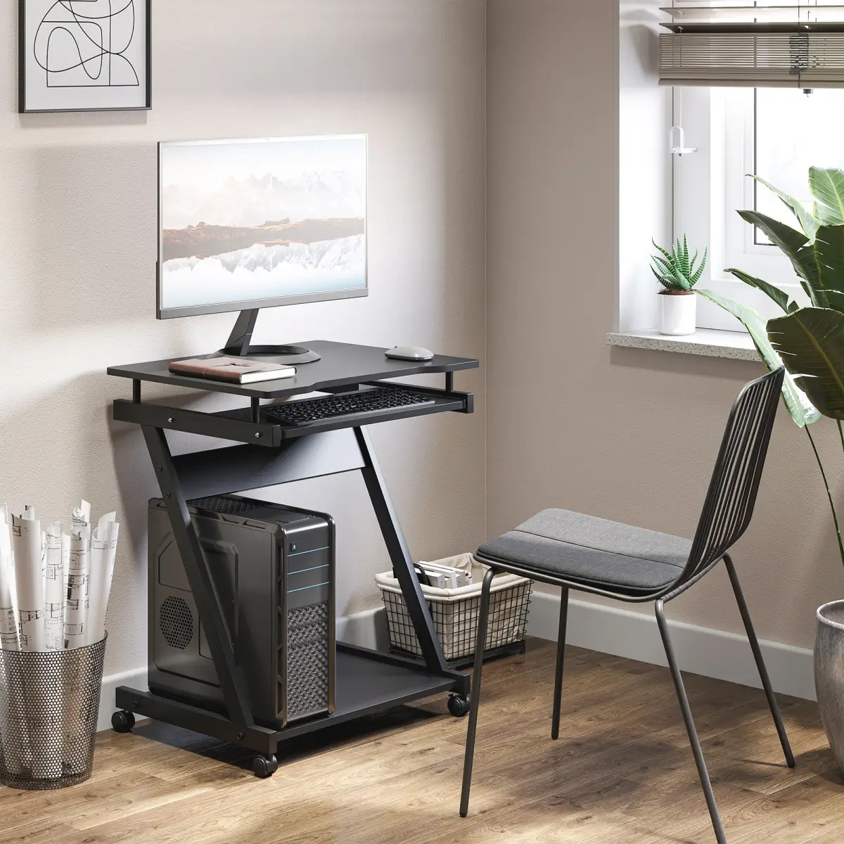 Unbranded Movable Computer Desk with 4 Moving Wheels Sliding Keyboard Tray Black - Desk