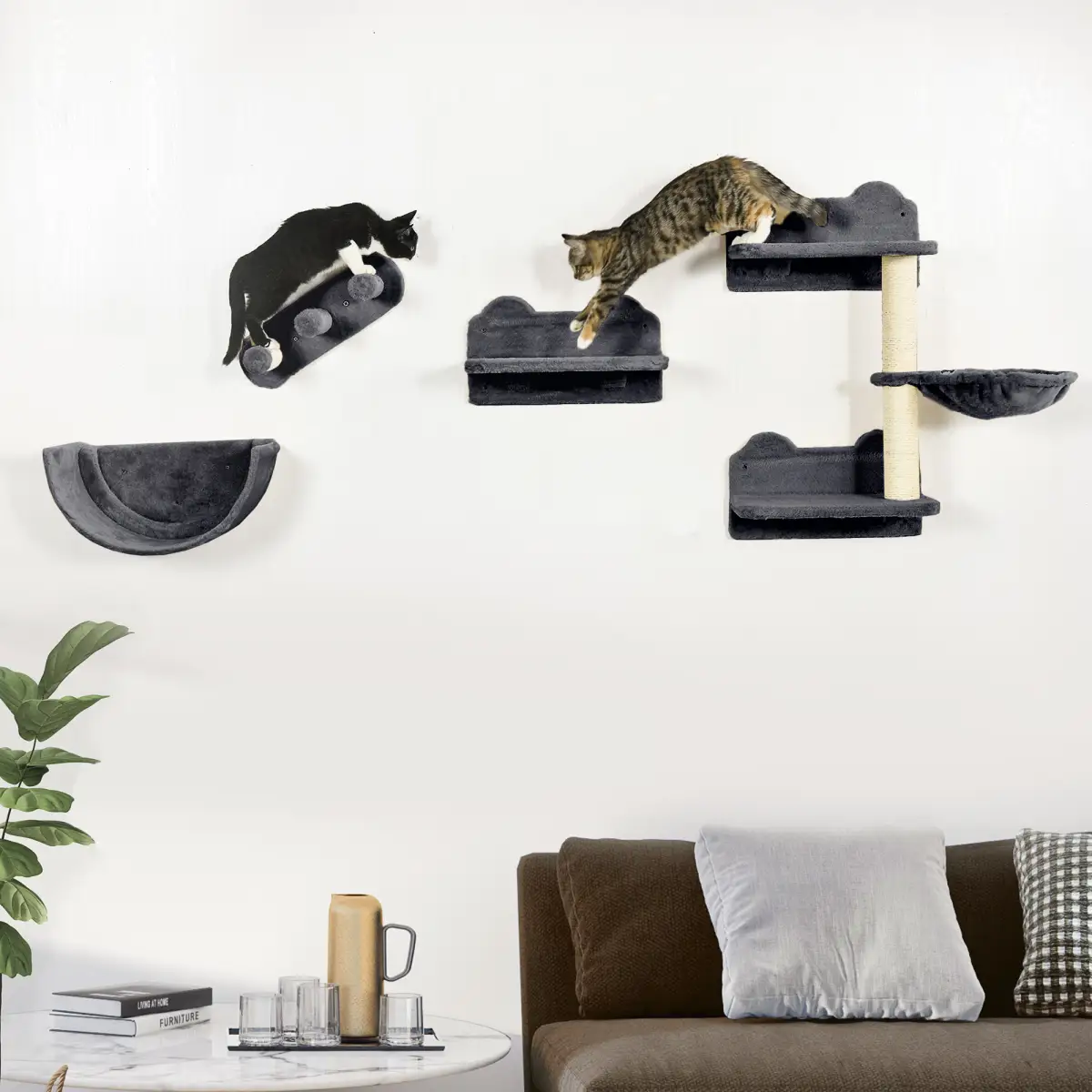 PawHut PawHut 4PCs Wall Mounted Cat Tree Cat Wall Shelves W/ Scratching Post Dark Grey - Cat Tree