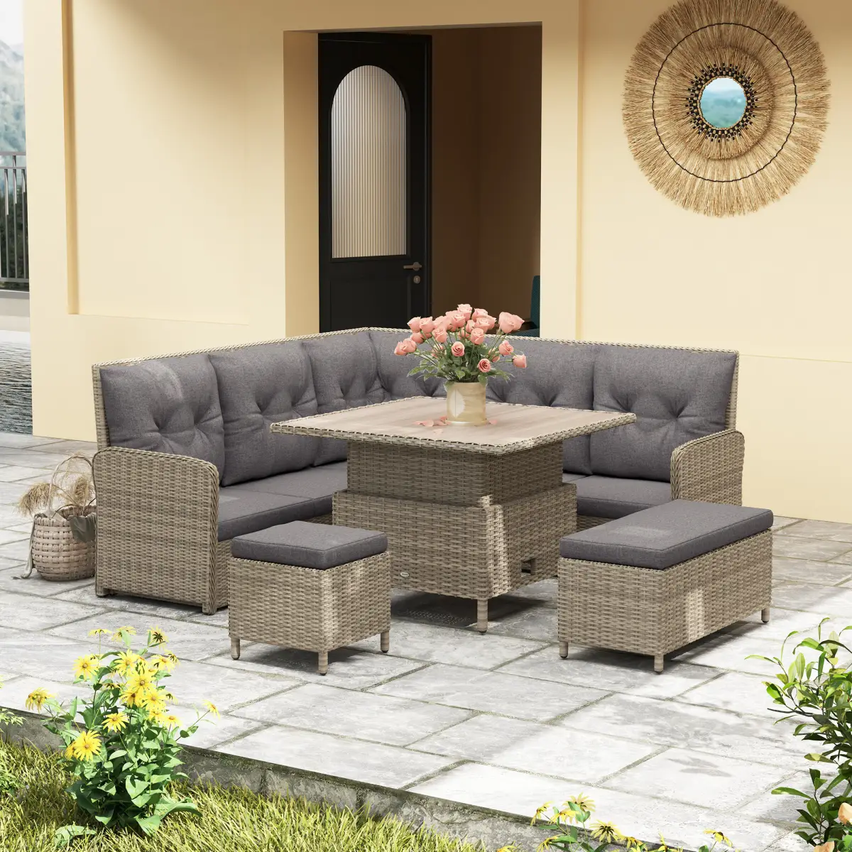 Outsunny Outsunny 6 PCs Rattan Garden Furniture Sectional Corner Sofa, Light Grey - Garden Sofa Sets