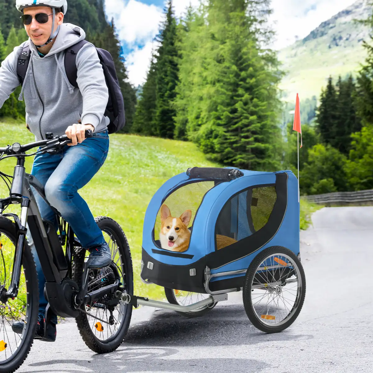 Pawhut Dog Bike Trailer Pet Cat Carrier for Small Medium Puppy Travel Black and Blue - Pet Carrier