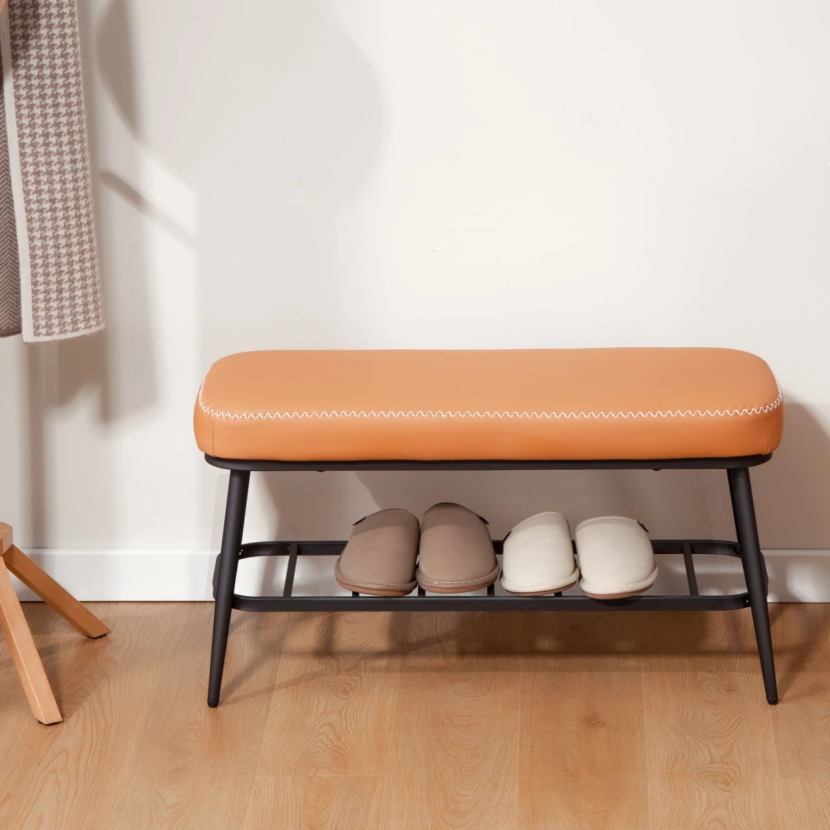 N/A Premium Leather Storage Bench With 7 Cm Cushion And Four Pair Shoe Shelf For Entryway Organization - Shoe Storage