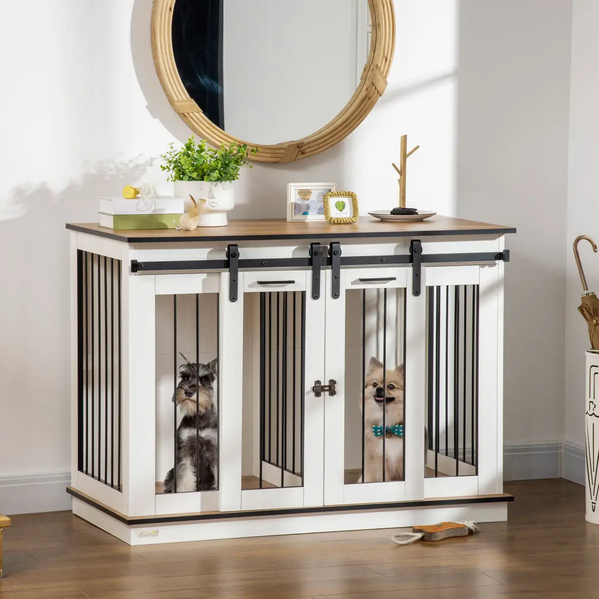 PawHut Dog Crate Furniture for Large Dogs, Double Dog Cage for Small Dogs, White - Dog Crate