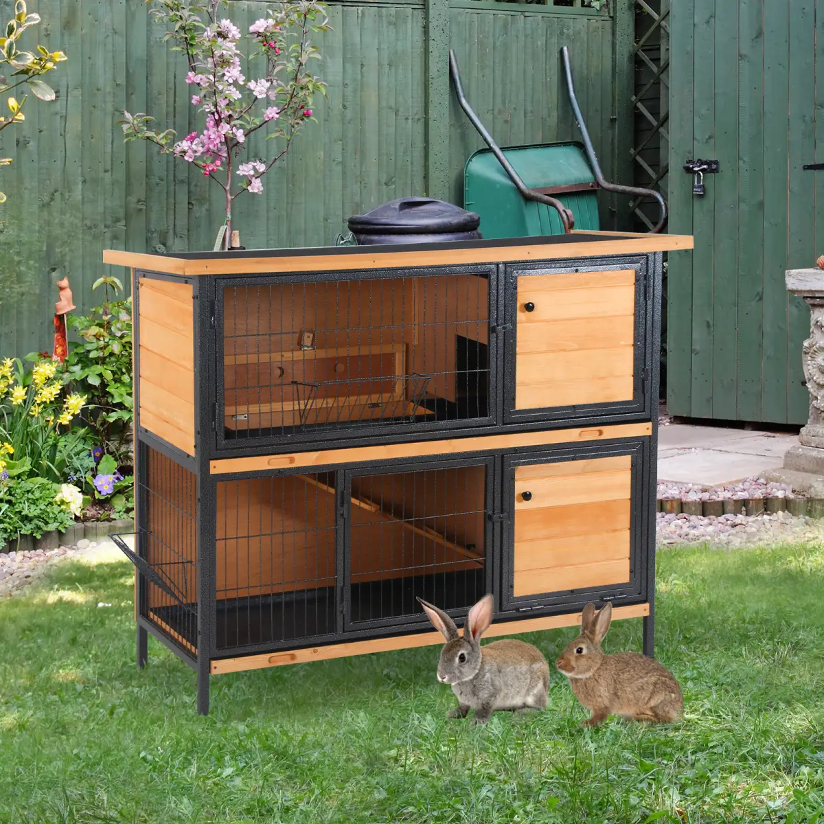 Pawhut Wooden Metal Rabbit Hutch Pet House Bunny w/ Slide-Out Tray Outdoor Light Yellow - Rabbit Hutch