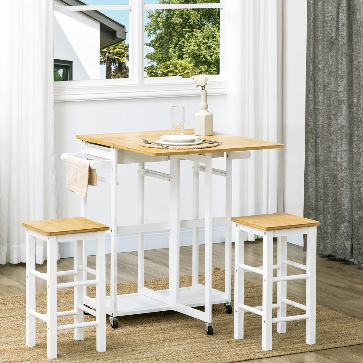 HOMCOM Bamboo Breakfast Cart Drop Leaf Table Stools - Dining Table
