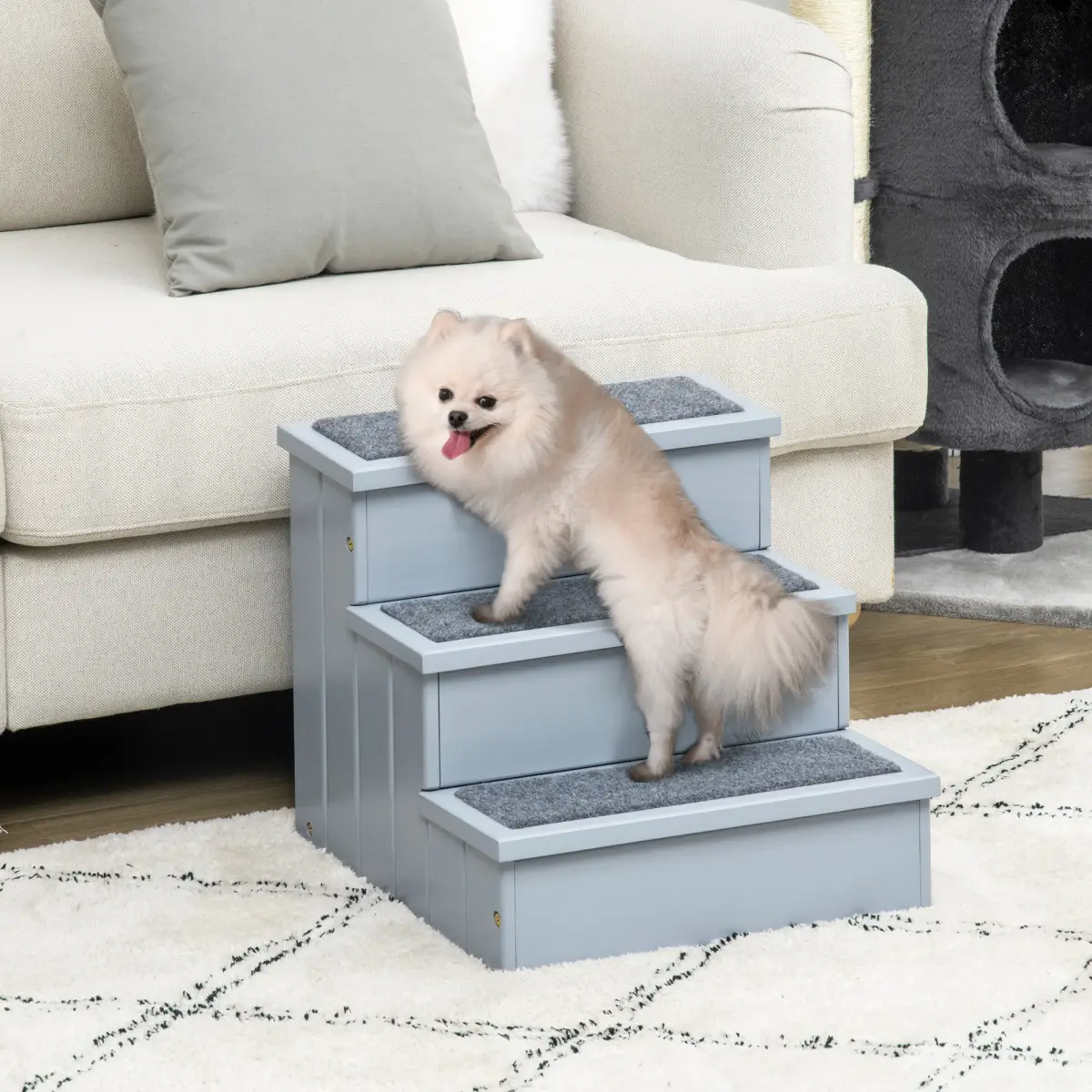 Unbranded 3 Step Wooden Dog Steps Pet Stairs Cat Ladder for Bed with Storage Grey Pawhut - Dog Steps