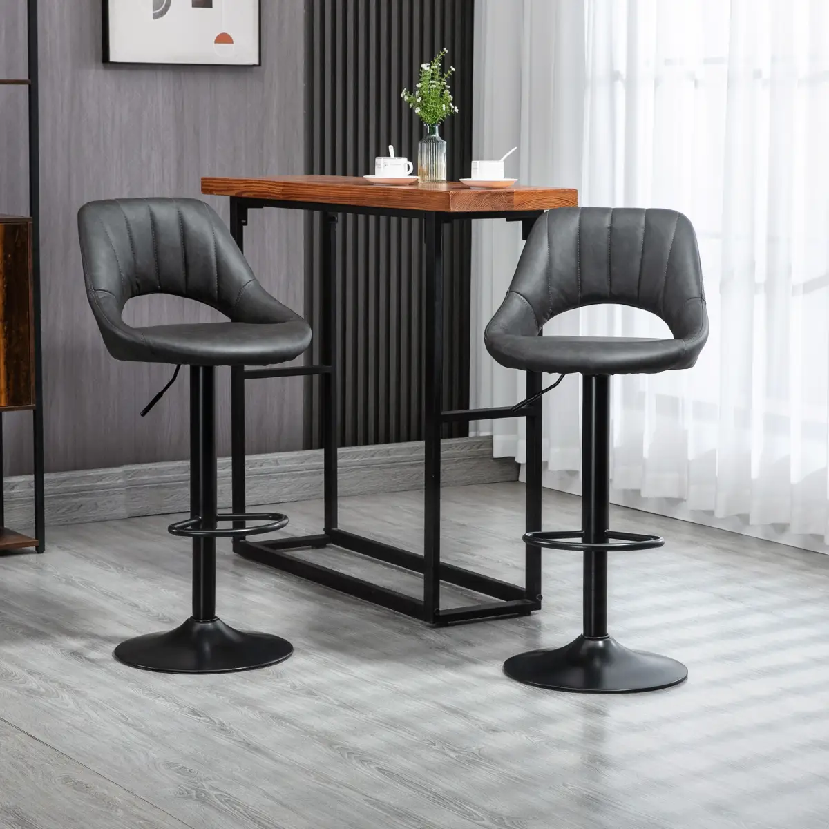HOMCOM Barstools Set of 2 Adjustable Swivel Height PU Leather Counter Chairs Footrest - Bar Stool