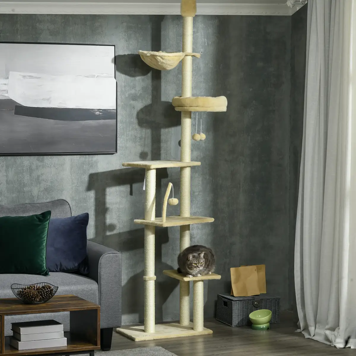 PawHut 6-Tier Floor to Ceiling Cat Tree with Scratching Post, Bed, Hammock, Beige - Cat Tree