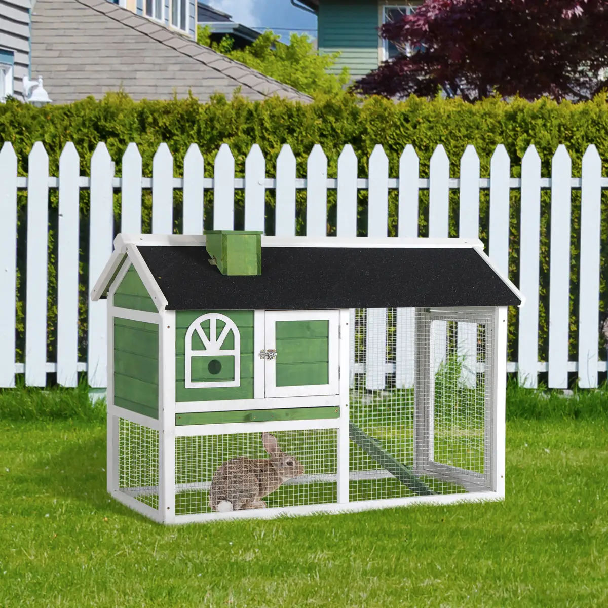 Pawhut Rabbit Hutch Wood Bunny Cage for Outdoor Indoor w/ Pull Out Tray Run Ramp Green - Rabbit Hutch