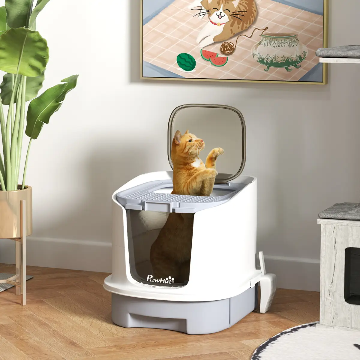 PawHut Cat Litter Box, Hooded Cat Litter Tray with Lid, Scoop, Grey - Cat Litter