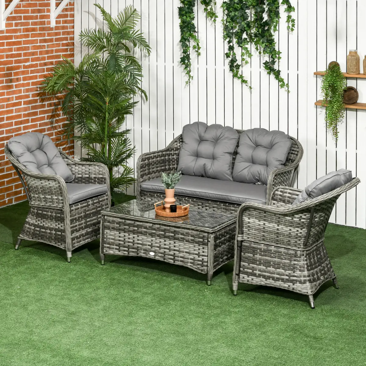 Outsunny Outsunny 4 Pieces Rattan Sofa Set Outdoor Conservatory Furniture with Cushions - Garden Sofa Sets