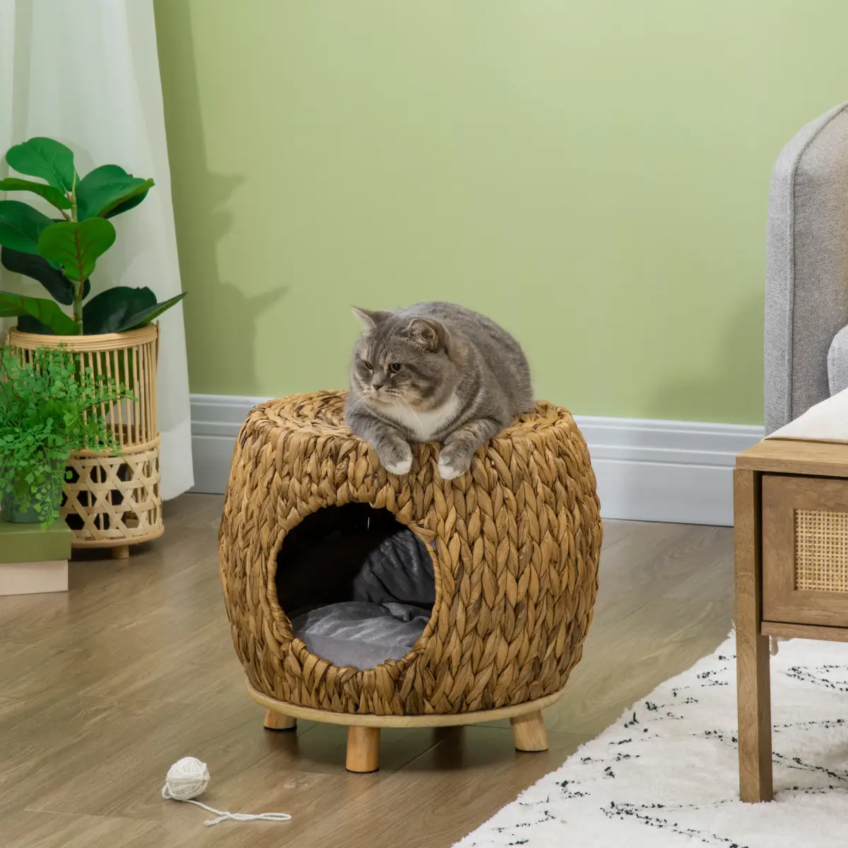 Unbranded Rattan Cat House Stool, Wicker Kitten Bed for Outdoors and Indoors w/ Cushion - Cat House