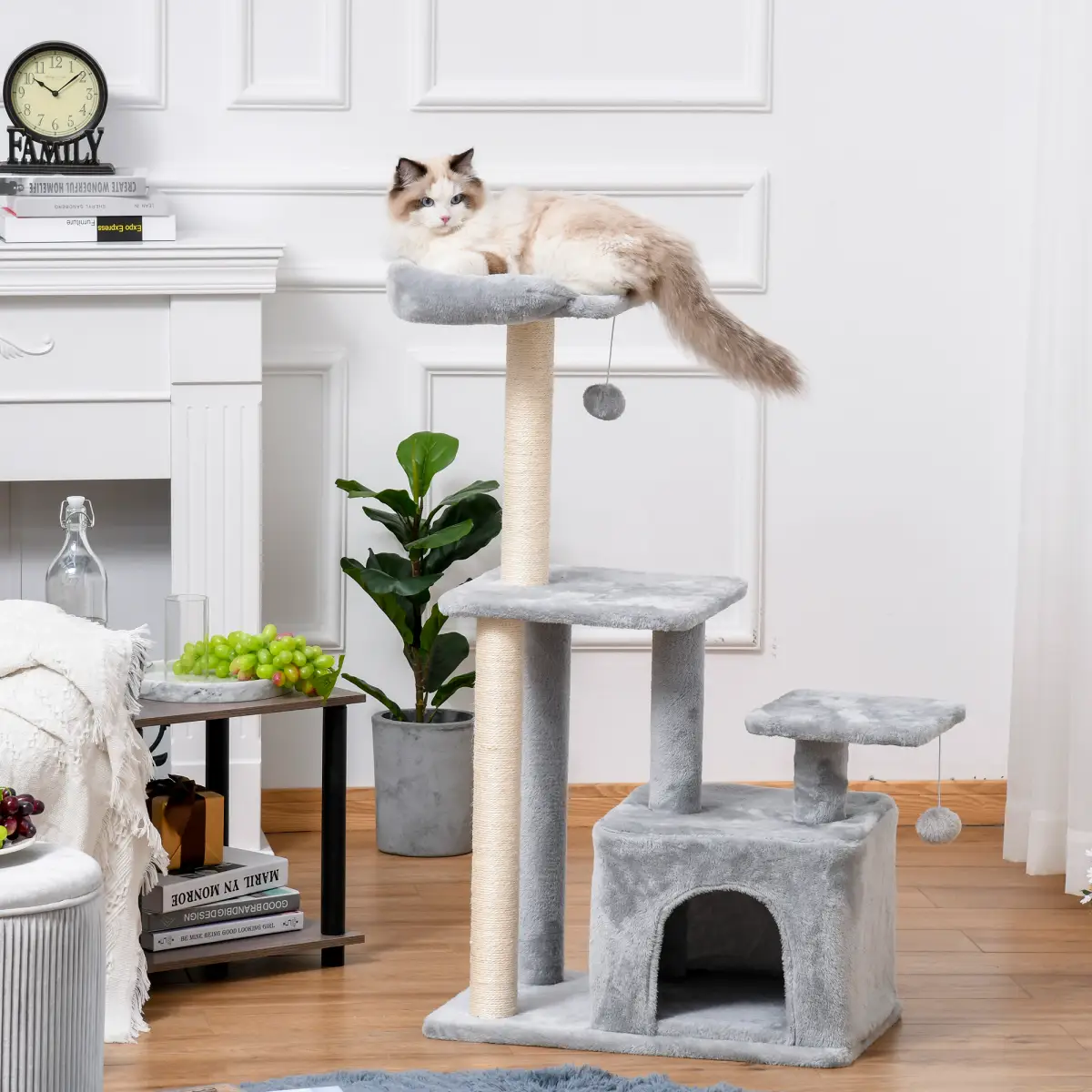 Pawhut Cat Tree Tower w/ Scratching Posts Sisal Hanging Ball Condo 60 x 40 x 114cm - Cat Tree